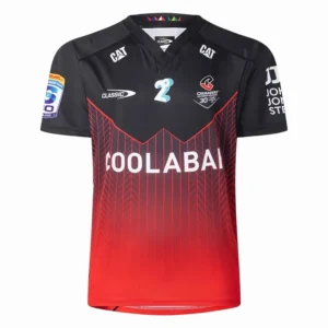 Cricket jersey featuring black and red colors with sponsor logos, ideal for team sports and cricket.