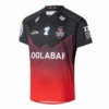 Sports jersey with team logo and sponsor branding High-quality sports jersey featuring team logo, sponsor logos, and vibrant red and black design for.