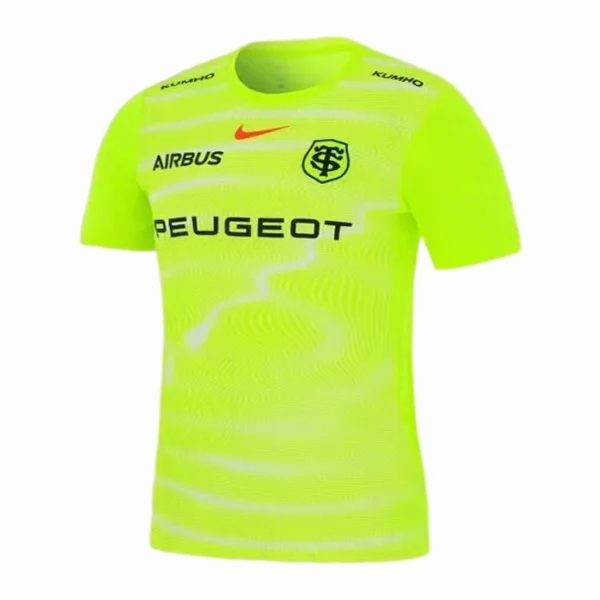 Bright yellow soccer jersey featuring Peugeot, Airbus, and Nike logos for sports enthusiasts.