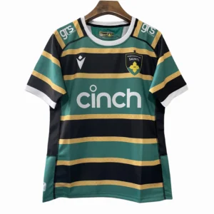 Northampton Saints Rugby Jersey Rugby jersey featuring Northampton Saints logo and sponsor CINCH, with green, black, and gold stripe.