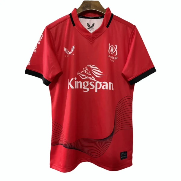 Kingspan Uster Rugby Jersey for Men Red Kingspan Uster rugby jersey with black accents and sponsor logos.