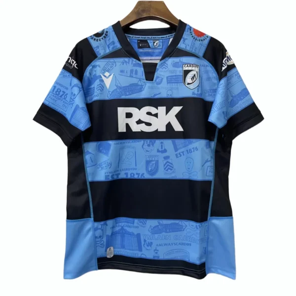 Cardiff City football jersey in blue and black with team crest and RSK logo.