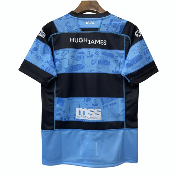 Blue and black sports jersey with Hugh James logo for athletic wear.