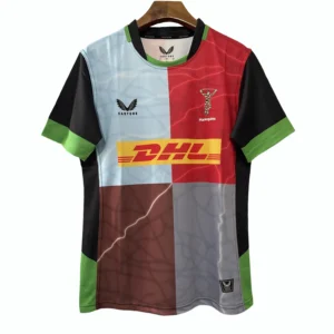 Sports jersey with vibrant color blocks and sponsor logos for activewear. High-quality sports jersey featuring bold color blocks, sponsor logos, and comfortable fit for athle.