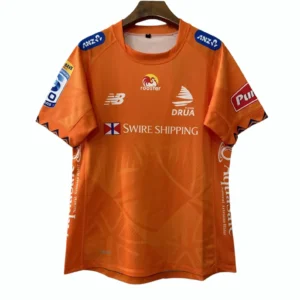 Football jersey with sponsor logos and vibrant orange color for sports fans and athletes. Orange sports jersey with sponsor logos, ideal for football players and sports enthusiasts.