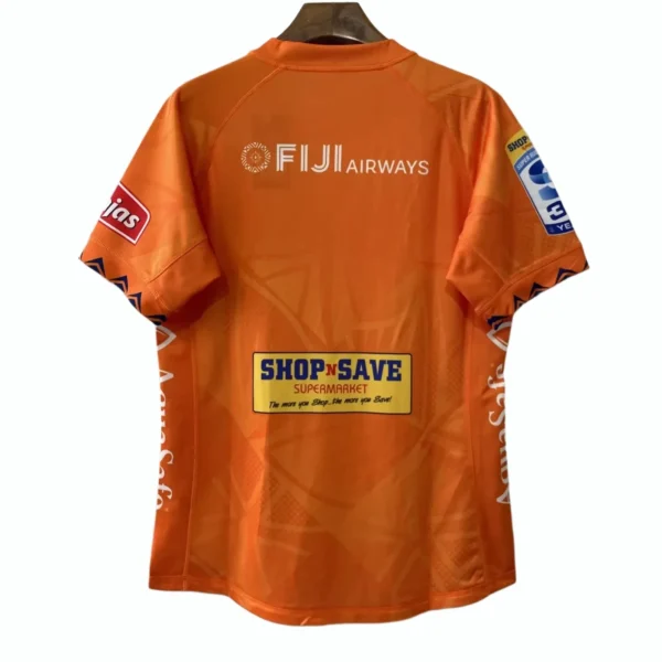 Fiji Airways Sports Jersey Fiji Airways sports jersey with sponsor logos and vibrant orange color.