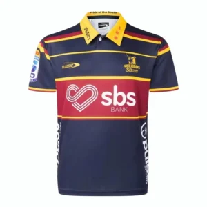 Highlanders Rugby Jersey with SBS Bank Logo Rugby jersey featuring Highlanders team logo and SBS Bank sponsorship, ideal for sports fans and rug.