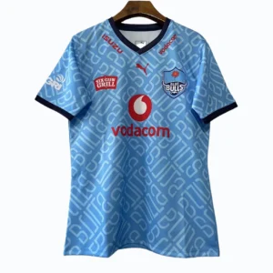 Football Jersey with Blue Bulls Logo and Vodacom Sponsorship Blue Bulls rugby jersey featuring Vodacom sponsorship and team logo.