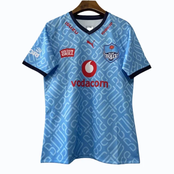 Football Jersey with Blue Bulls Logo and Vodacom Sponsorship Blue Bulls rugby jersey featuring Vodacom sponsorship and team logo.