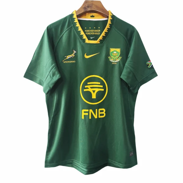 Forever Green South African Soccer Jersey South African soccer jersey with green and yellow design, FNB logo, and team crest.