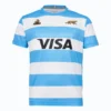 Argentina Soccer Jersey with Sponsor Logo and Emblems Argentina soccer jersey with sponsor logo, team emblem, and design details.