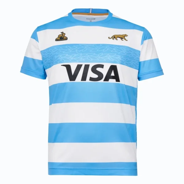 Argentina Soccer Jersey with Sponsor Logo and Emblems Argentina soccer jersey with sponsor logo, team emblem, and design details.