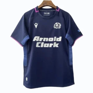Football Jersey with Arnold Clark Sponsorship Navy blue football jersey with Arnold Clark logo and team emblem, short sleeves, sportswear for athl.