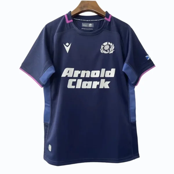 Football Jersey with Arnold Clark Sponsorship Navy blue football jersey with Arnold Clark logo and team emblem, short sleeves, sportswear for athl.
