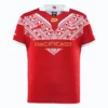 Red Pacific FC soccer jersey with tribal pattern and team logo, perfect for sports fans.