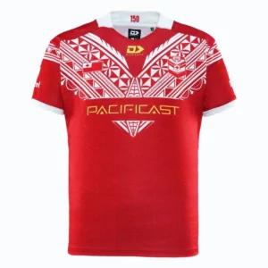 Pacific FC Soccer Jersey - Red, Tribal Design, Sportswear Red Pacific FC soccer jersey with tribal pattern and team logo, perfect for sports fans.