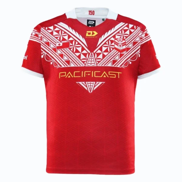 Red Pacific FC soccer jersey with tribal pattern and team logo, perfect for sports fans.