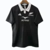 Rugby Jersey with All Blacks Logo Black rugby jersey featuring All Blacks logo and sponsor branding, ideal for sports enthusiasts.
