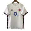 England Rugby Jersey - White with Rose & O2 Logo England rugby jersey with rose emblem and O2 sponsor logo, perfect for sports fans and team supporte.