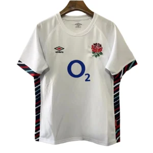 England Rugby Jersey - White with Rose & O2 Logo England rugby jersey with rose emblem and O2 sponsor logo, perfect for sports fans and team supporte.