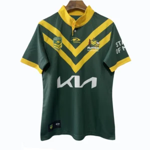 Sports Team Jersey with Green and Yellow Design Sports team jersey featuring green and yellow colors with team logos and sponsor branding.